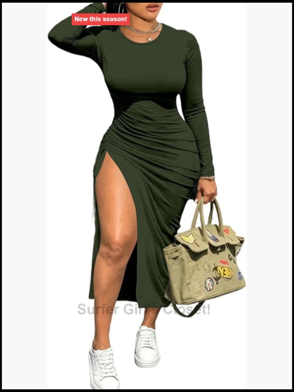 Sexy Long Sleeve Ruched Slit Bodycon Maxi Dress